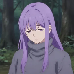 illustration by shigenori soejima, by tatsuki fujimoto, by yoji shinakawa, tired girl, middle - parted long straight light purple hair, grey turtleneck coat, forest background, focus on face, pretty, moody lighting, painterly