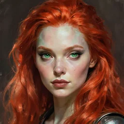 Redhead alien human beautiful hybrid feminine woman with green eyes and a roundish nose as a futuristic heroine, digital painting, artstation, concept art, smooth, sharp focus, illustration, art by artgerm and donato giancola and Joseph Christian Leyendecker, Ross Tran, WLOP