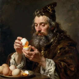 wizard examining eggs, oil painting by Rembrandt