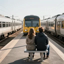 A man and a woman wait for a train on a platform facing the camera trains in the background, morning hard light, high quality photography