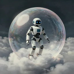 a robot floating inside of a soap bubble among the clouds, ethereal, fantasy, style of peter mohrbacher, by rene magritte