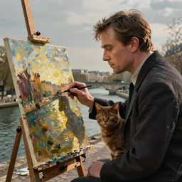 Ewan mcgregor is painting a canvas at the river of Seine in Paris early 20th century. Next to him is a brown cat with yellow eyes