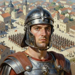 A mixed media closeup portrait painting of Roman legionaries assembled in a military parade formation in the center of the city, isometric view, by Frank Frazetta, Boris Vallejo, Greg Rutkowski, Beeple, Yoko Taro, Christian MacNevin, epic fantasy character art, roman numerals, high fantasy, CGsociety, full length, exquisite detail, post-processing, masterpiece, cinematic, tiny crimson petals falling, Rome backdrop
