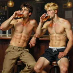 attractive muscular male with brunet hair and attractive muscular male with blond hair. pants and shorts, drinking their hearts out, in a pub. very defined and detailed painting by gaston bussiere, j. c. leyendecker, craig mullins 8 k