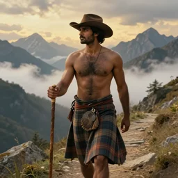 a dramatic epic beautiful ethereal painting of a shirtless rugged handsome desi man on a mountain path | he has an extremely hairy chest, and is wearing a plaid kilt and cowboy hat, and holding a walking stick | background is mountain peaks and clouds | dramatic lighting, golden hour, homoerotic, realistic, art nouveau | by mark maggiori | trending on artstation