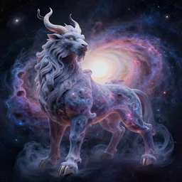 ink style chinese god beast in space, absorbing the energy of galaxies to create his metaverse, soft light, realism, maximum detail, high quality, good study of style, depth of field, focus, painting classicism and abstractionism, 8 k
