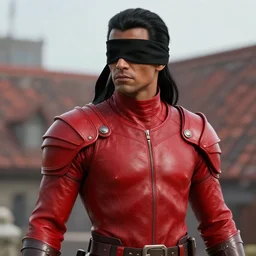 a dnd thief, skintight red leather armor, stealth, black blindfold, brown skin, black hair, ponytail, detailed face, roof background, highly detailed, sharp focus, smooth, digital illustration, by clyde caldwell