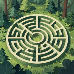 a maze in the forest, digital painting by Dan Mumford, panoramic view, light and shadow