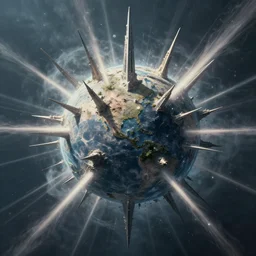 a lost planet returning to life, shudders awake, spires shooting off in all directions,