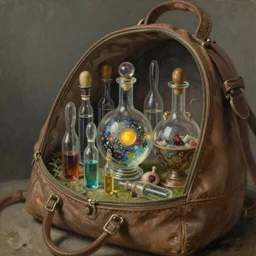 Another dimension universe  inside ampoules and alambics in a surreal ancient doctor's bag, intricated detailed, soft painting depth of field, trending on artstation
