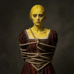 dark schizophrenia portrait, death not dresses body yellow head woman in medieval dress, strangled with rope, blur effect face, victorian style, high detail