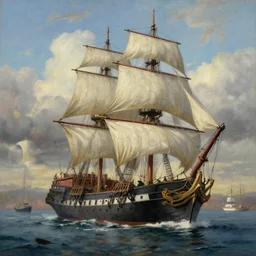 a beautiful painting of a singular, monstrous sail ship anchored at harbor, by craig mullins, by federic edwin church, by brom, by ghibli, trending on artstation, masterpiece, hyper detailed, intricate, multiple angles, unreal engine, 4 k