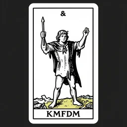 a black and white tarot card featuring the bold imagery of the band kmfdm