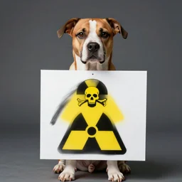 professional photo of a dog holding a sign with a nuclear radiation warning on it skull and crossbones yellow three triangles