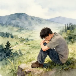 sad man, watercolor, epic scenery, sad, depression
