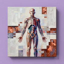 a beautiful glitched square geometric painting by robert proch and emilio pettoruti of an anatomy study of the human nervous system on top of white rectangle shapes, color bleeding, pixel sorting, copper oxide and rust materials, brushstrokes by jeremy mann, dramatic lighting, pastel purple background