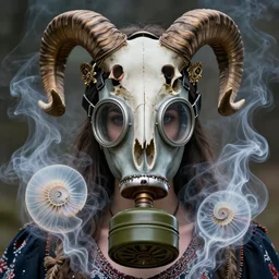 3 d close - up portrait of the goddess face in vintage gas mask in midsommar style clothes and crown with ram skull intricate, elegant, surrounded by smoke and water energy flow. translucent nautilus, highly detailed, by wlop, tooth wu, greg rutkowski, alena aenami