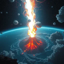 inside a solar flare storm within looking from space at exploding volcano in middle of the sea, unreal engine, fantasy art by greg, loish, rhads, ferdinand knab, tom bagshaw, makoto shinkai and lois van baarle, rossdraws, ilya kuvshinov, night lighting, trending on studio ghibli, highly detailed, 8 k, octane render