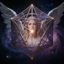 metatrons cube, sacred geometry, highly detailed, matte painting, galaxy, sharp focus, trending on artstation, beautiful angel portrait, octane render, realistic