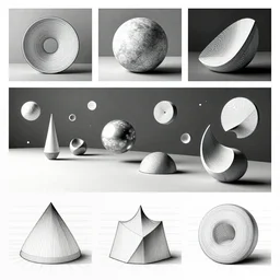 perspective grid illustration of various abstract shapes with different materials and patterns floating in space white paper linework hd