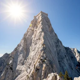 sunny day heavenly castle!!!!!! single!!!!!!!!!!!! giant mountain!!!!!!!!!!!!! olympus one peak holy stronghold castle piercing the sky sun shining brightly godrays over beautiful white clouds at the summit lush forests close up forest vista waterfalls villages castles, buildings artstation illustration sharp focus sunlit