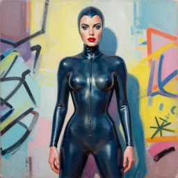 greg manchess portrait painting of addison rae wearing a latex suit, medium shot, organic painting, sunny day, matte painting, bold shapes, hard edges, street art, trending on artstation, by huang guangjian and gil elvgren and sachin teng