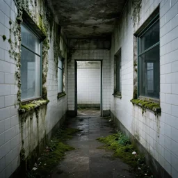 an endless liminal space with lichen and moss growing on the walls, hallways, windows, reflections, moody, gloomy, white subway tile, ultrarealistic, 4k