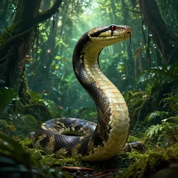 a massive anaconda snake appearinmg from the deep exotic jungle, dramatic lighting, cinematic, establishing shot, extremly high detail, foto realistic, pirates of the carribean, cinematic lighting, post processed, concept art, artstation, matte painting, style by eddie mendoza, raphael lacoste, alex ross
