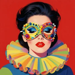 a colorful vibrant 8 0 s portrait of a woman with dark eye - shadow and red lips with dark slicked back hair, a mask made of wire and beads, dreaming acid - fueled hallucinations, psychedelic by serge lutens, rolf armstrong, peter elson, red cloth background, frilled puffy collar, steven outram colorful flat surreal design