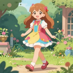a very cute art of a smiling anime girl idol wearing a colorful dress, walking at the garden, detailed