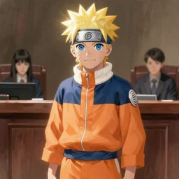 young man in naruto costume and with saiyan hair on trial, courtroom sketch