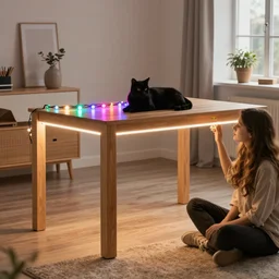 table in ikea lack, oak color, with led lighting inside. a black cat lies on an ikea lack table. multi - colored leds, garland. a beautiful girl with long hair sits on the floor. scandinavian style interior.