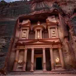A beautiful low angle matte painting looking up at the lost city of petra with white flames illuminating the ruins of forgotten souls, by Raphel Lacoste, atmospheric, low angle, mysterious, cinematic, intricate, ultra detailed, featured on artstation