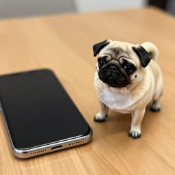 8k photograph of a miniature Pug at a table near a smartphone