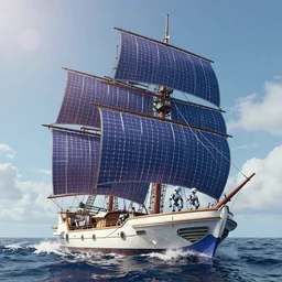 marvel comic style, futuristic sail ship with solar panel sails mid-journey, robot sailors, HDR, 8k, digital art
