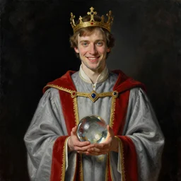 aiden gillen smiling dressed in grey robes with red and gold trim, holding a crystal ball, standing with a black background, styled as a royal portrait, heavy oil painting, high quality, ultra detailed