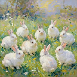 field filled with cute fluffy bunnies, oil painting by Claude Monet