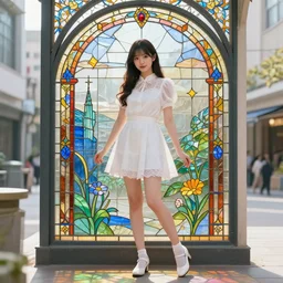 full body picture of a beautiful and cute and aesthetic girl in the city made of stained glass, model pose, bright color, backlit, sharp focus, detailed face, specular reflection, anato finnstark, lecouffe deharme, pete mohrbacher, quentin mabille, frank moth, epic fantasy novel cover art