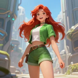 beautiful cute red haired joyful and playful nineteen year old maiden standing up in casual green clothing, long hair, athletic body, modern city, rpg character, sci - fi, fantasy, intricate, elegant, digital painting, artstation, concept art, smooth, 8 k frostbite 3 engine, ultra detailed, art by artgerm and greg rutkowski and magali villeneuve