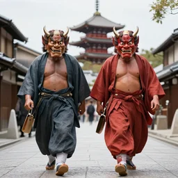 real photo of a pair of japanese oni walking in kyoto, high detail,