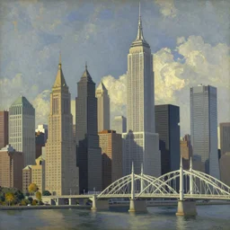 A beautiful body art of a cityscape with tall spires and delicate bridges. dieselpunk by Everett Shinn spontaneous, neat