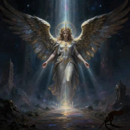 an intricate matte painting of A celestial path opens up to the 8-winged guardian angel wearing an intricate tiara , highly detailed creepily dimly lit exterior with shafts of iridescent light bouncing off magical realms, by Christophe Vacher and Bastien Lecouffe-Deharme, trending on artstation