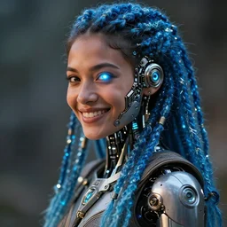beautiful futuristic himba woman smiling, glowing mechanical eye, robotic prosthetic arm, blue glass dreadlocks, hyperrealistic, sci - fi, dramatic lighting, intricate, soft focus