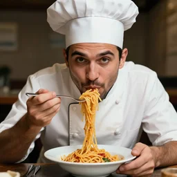 extremely detailed portrait of italian cook, eating spaghetti from a bowl, using fork, lazy eyes, slurping spaghetti, dirty short sleeved shirt, full frame, award winning photo by unknown