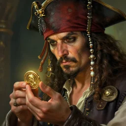 old pirate looking carefully at a gold coin, deep focus, d & d, fantasy, intricate, elegant, highly detailed, digital painting, artstation, concept art, matte, sharp focus, illustration, hearthstone, art by artgerm and greg rutkowski and alphonse mucha