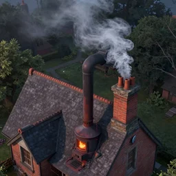 aerial view of a house Stove Chimneys spreading smoke, magical atmosphere, trending on artstation, 30mm, by Noah Bradley trending on ArtStation, deviantart, high detail, stylized portrait