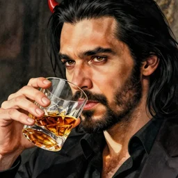 close-up portrait, a handsome Frenchman with beard and long black hair toasting with the devil drinking whiskey, watercolor, dramatic lighting, cinematic, establishing shot, extremely high detail, foto realistic, cinematic lighting, digital art, vector, by Yoshitaka Amano, Ruan Jia, Kentaro Miura, Artgerm, post processed, concept art, artstation, matte painting, style by eddie mendoza, raphael lacoste, alex ross