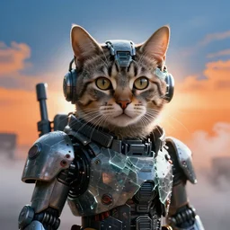 closeup portrait of a cat wearing heavy techwear, shattered glass, cinematic light, backlight, orange sky blue, mist, clouds, mecha, by mikhail vrubel, by philippe druillet, by peter elson, by gerald brom, washed colors, trending on artstation, 8 k
