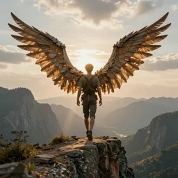 a man standing on a cliff ready to jump with his home made wings made out of wood, photorealistic,