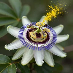 A passionflower-like alien flower spewing poisonous pollen. Fantasy art, D&D Monster Manual, 8k high resolution, extremely detailed.